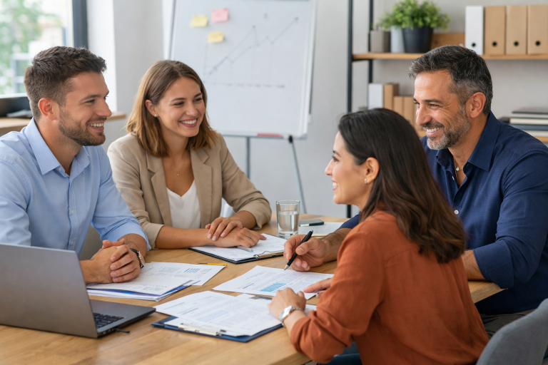 Equipe PME en réunion pour recrutement et intégration des collaborateurs, illustrant la fidélisation et le développement de la marque employeur.