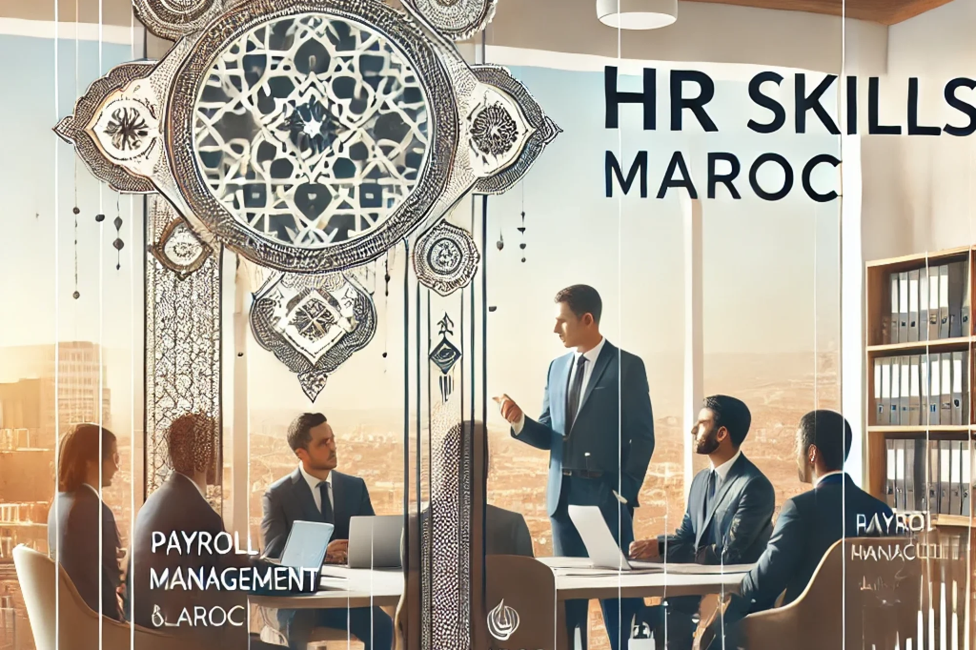 DALL·E 2024-08-21 16.05.46 - A professional image representing HR services in Morocco, featuring a modern office setting with Moroccan elements. The image should include an overla