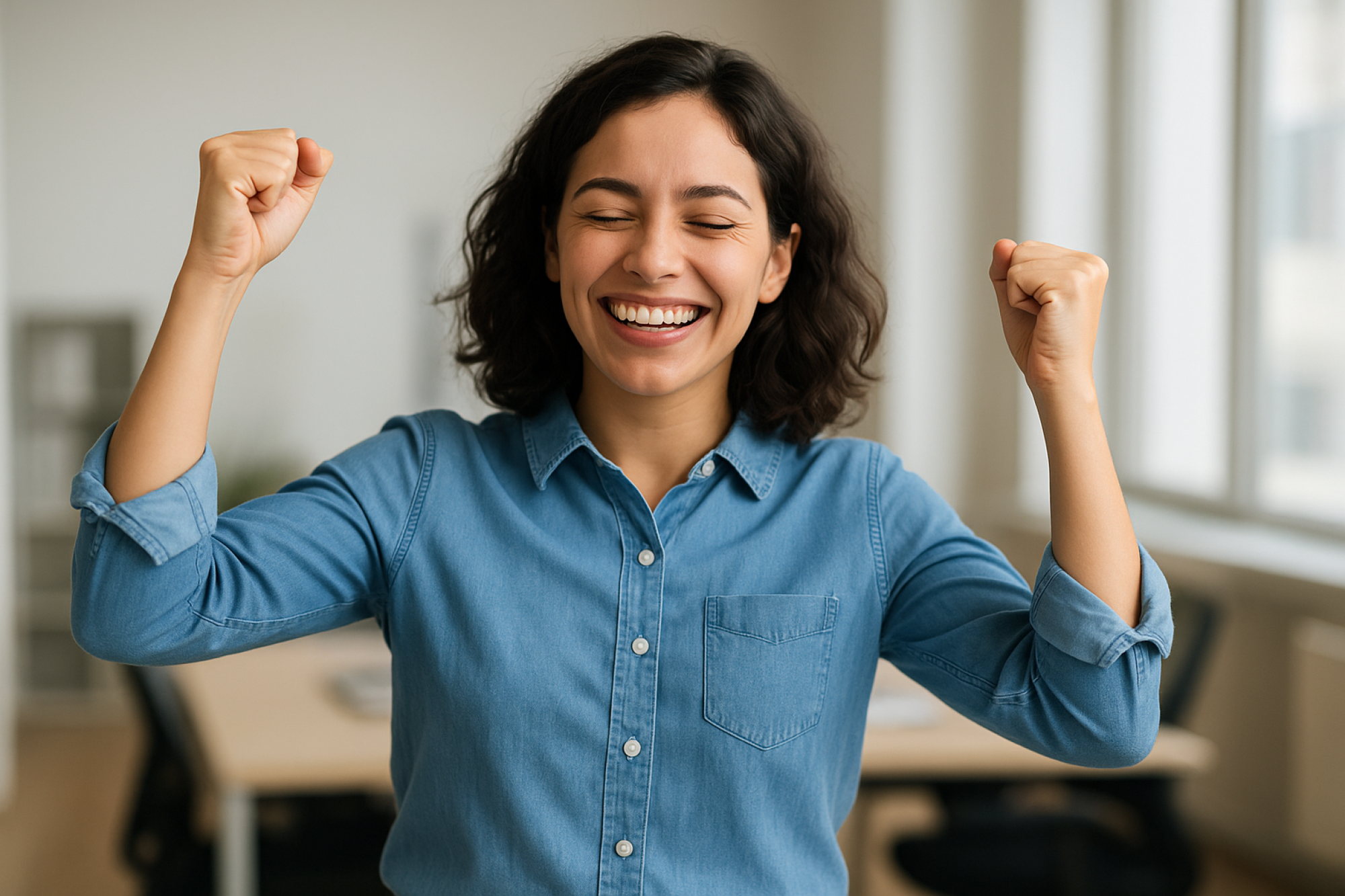 Sourire et victoire au bureau